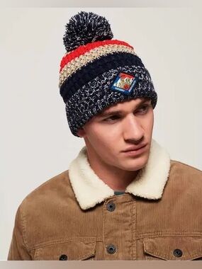 NWOT Superdry Summit Striped Bobble Beanie Hat Unisex Color Block Knit Hat
